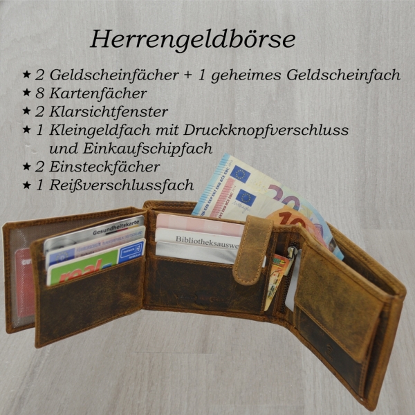 flevado Hunter Vollleder Herren Geldbörse Riegelverschluss Querformat RFID Schutz mit Geschenkbox